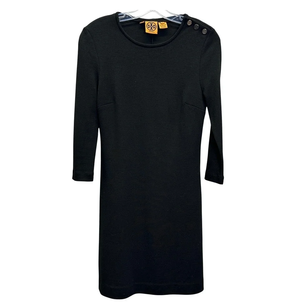 Tory Burch Black Knit Sheath Dress Size 4 Wool Blend Button Shoulder Long Sleeve